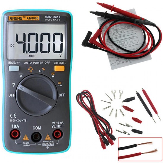 AN8000 Digital Multimeter 4000 Counts Backlight AC/DC Ammeter Voltmeter Capacitance Resistance Frequency Tester + Test Lead Set