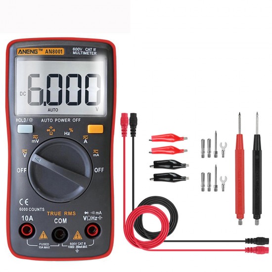 AN8001 Red Professional True RMS Digital Multimeter 6000 Counts Backlight AC/DC Ammeter Voltmeter Resistance Capacitance Frequency Tester + Test Lead Set