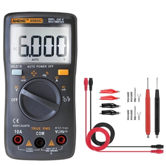 AN8002 Black Digital True RMS 6000 Counts Multimeter AC/DC Current Voltage Frequency Resistance Temperature Tester °°+ Test Lead Set