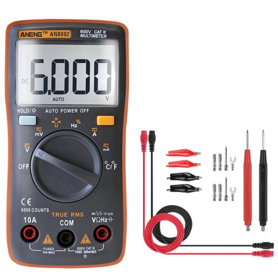 AN8002 Orange Digital True RMS 6000 Counts Multimeter AC/DC Current Voltage Frequency Resistance Temperature Tester °°+ Test Lead Set