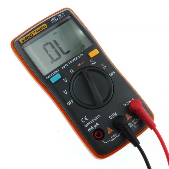 AN8004 Orange Digital 2000 Counts Auto Range Multimeter Backlight AC/DC Ammeter Voltmeter Resistance Frequency Capacitance Meter + Test Lead Set