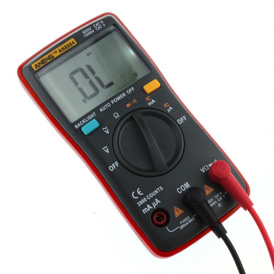 AN8004 Red Digital 2000 Counts Auto Range Multimeter Backlight AC/DC Ammeter Voltmeter Resistance Frequency Capacitance Meter + Test Lead Set