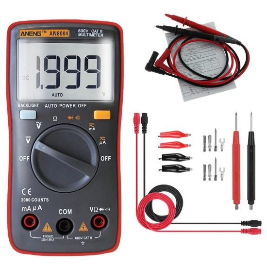 AN8004 Red Digital 2000 Counts Auto Range Multimeter Backlight AC/DC Ammeter Voltmeter Resistance Frequency Capacitance Meter + Test Lead Set