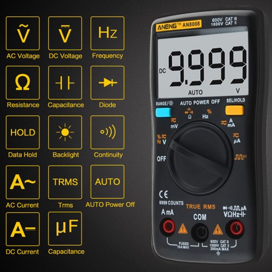 AN8008 True RMS Digital Multimeter 9999 Counts Backlight AC DC Current Voltage Resistance Frequency Capacitance Tester Square Wave Output Black