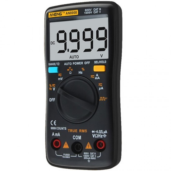 AN8008 True RMS Digital Multimeter 9999 Counts Backlight AC DC Current Voltage Resistance Frequency Capacitance Tester Square Wave Output Black