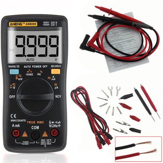 AN8009 True RMS NCV Digital Multimeter 9999 Counts Backlight AC DC Current Voltage Resistance Frequency Capacitance Temperature Tester °°Black