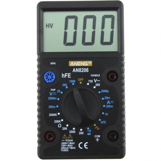 AN8206 Digital Multimeter Ampere Voltage Ohm Tester Buzzer Square Wave Output with Probes