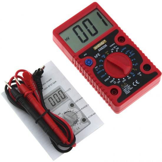 AN8206 Digital Multimeter Ampere Voltage Ohm Tester Buzzer Square Wave Output with Probes