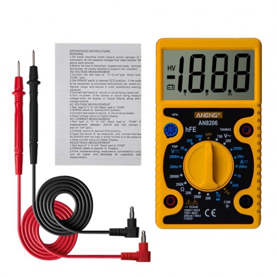 AN8206 Large Screen Digital Multimeter with Square Wave Output Voltage Current Continuity Measurement hEF measurement