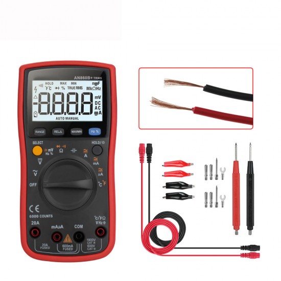 AN860B+ LCD 6000 Counts Digital Multimeter Backlight AC/DC Current Voltage Resistance Frequency Temperature Tester with Lead Set