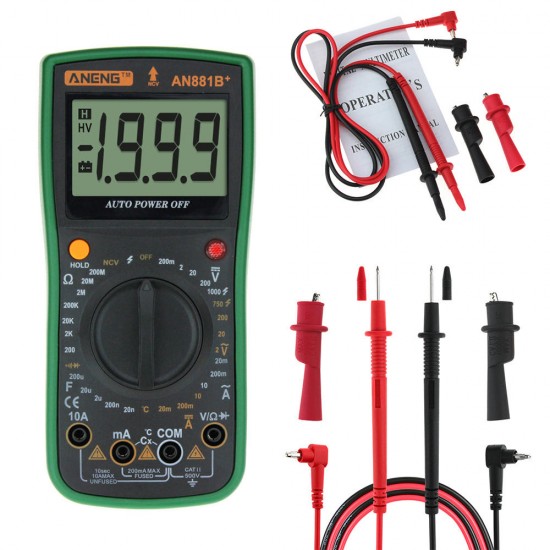 AN881B+ Digital Multimeter AC DC Voltage Current Capacitance Resistance Temperature Diode Triode Tester Non-contact Voltage Test + Crocodile Clip