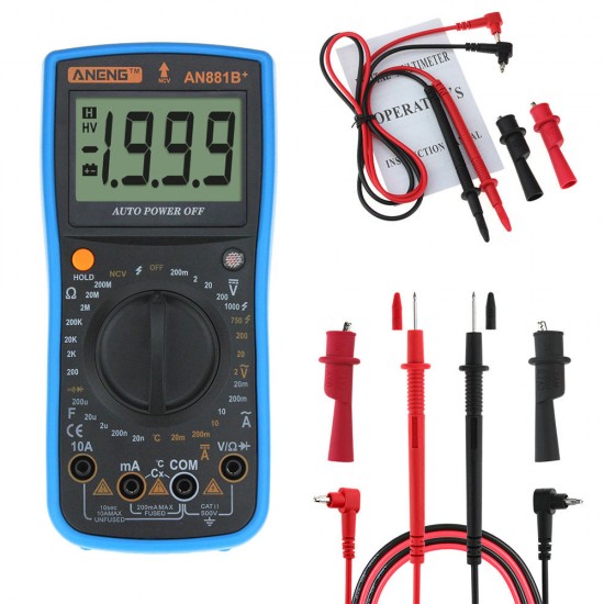 AN881B+ Digital Multimeter AC DC Voltage Current Capacitance Resistance Temperature Diode Triode Tester Non-contact Voltage Test + Crocodile Clip