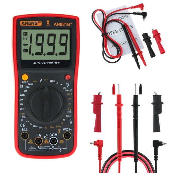 AN881B+ Digital Multimeter AC DC Voltage Current Capacitance Resistance Temperature Diode Triode Tester Non-contact Voltage Test + Crocodile Clip