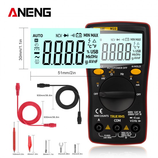 M10 6000 Counts Digital Multimeter AC/DC Ammeter Voltmeter Ohm Meter Tester Capacitor Buzzer Multimetro Test with Lead Set