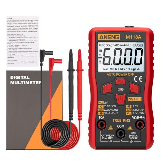 M118A Digital Mini Multimeter Tester Auto Multimeter True Rms Transistor Meter with NCV Data Hold 6000 Counts Flashlight