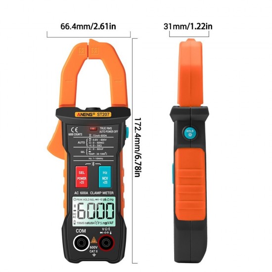 ST207 Digital bluetooth Multimeter Clamp Meter 6000 Counts True RMS DC/AC Voltage Tester AC Current Hz Capacitance Ohm ST207 Digital bluetooth Multimeter Clamp Meter 6000 Counts True RMS DC/AC Voltage Tester AC Current Hz Capacitance Ohm