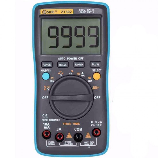 ZT302 Digital Multimeter True RMS 9999 Counts LED Backlight AC DC Voltage Current Resistance Capacitance Frequency Tester Square Wave Output