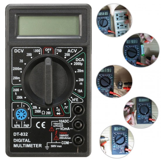 DT832 Digital LCD Multimeter Ohm Voltage Ampere Meter Buzzer Function with Test Probe DT832 Digital LCD Multimeter Ohm Voltage Ampere Meter Buzzer Function with Test Probe