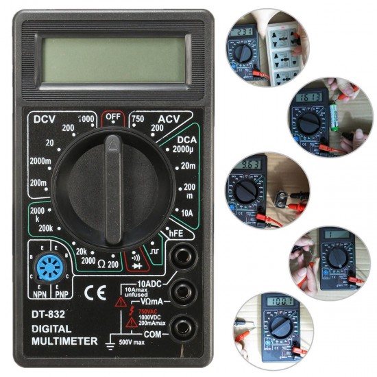 DT832 Digital LCD Multimeter Ohm Voltage Ampere Meter Buzzer Function with Test Probe