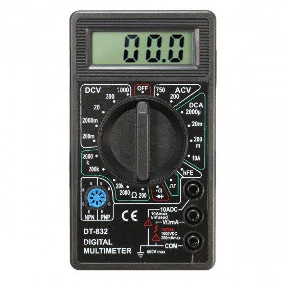 DT832 Digital LCD Multimeter Ohm Voltage Ampere Meter Buzzer Function with Test Probe