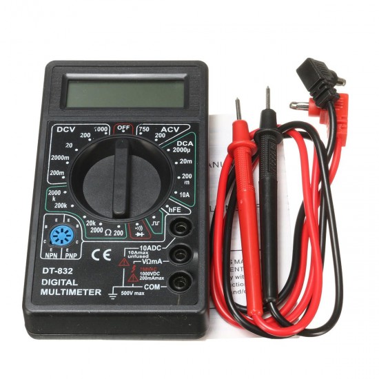 DT832 Digital LCD Multimeter Ohm Voltage Ampere Meter Buzzer Function with Test Probe DT832 Digital LCD Multimeter Ohm Voltage Ampere Meter Buzzer Function with Test Probe