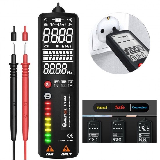 MT100 Curved Screen Multimeter Digital Voltage Tester 3-Line Display Voltmeter Ohm Hz with Analog Bar & 8 LED Indicator DMM