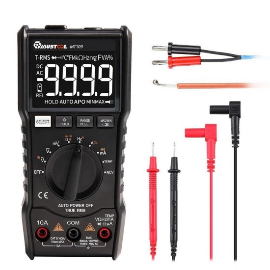 MT109 Portable 9999 Counts True RMS Multimeter AC DC Voltage Current NCV Temperature Tester Auto Range Backlight and Flashlight With Black EBTN Screen