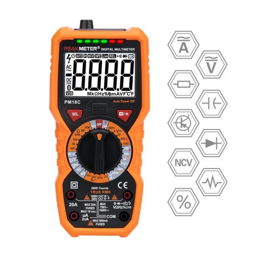 Digital Multimeter PM18C with True RMS AC/DC Voltage Resistance Capacitance Frequency Temperature NCV Tester