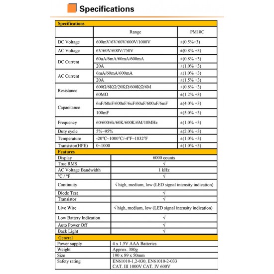 Digital Multimeter PM18C with True RMS AC/DC Voltage Resistance Capacitance Frequency Temperature NCV Tester