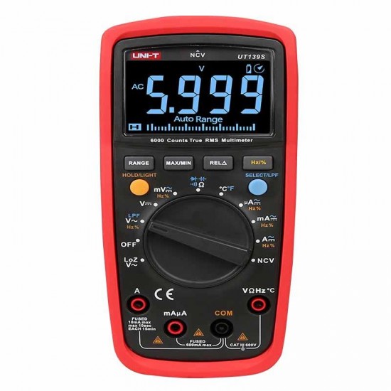 UT139S True RMS 6000 Counts Digital Multimeter Temperature Probe LPF Pass LPF (Low Pass Filter) Function Auto and Manual Ranges Selectable Black EBTN Screen