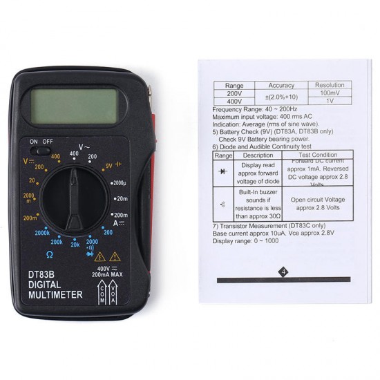 DT83B Digital Multimeter AC DC Voltage Current Resistance Diode Tester DT83B Digital Multimeter AC DC Voltage Current Resistance Diode Tester
