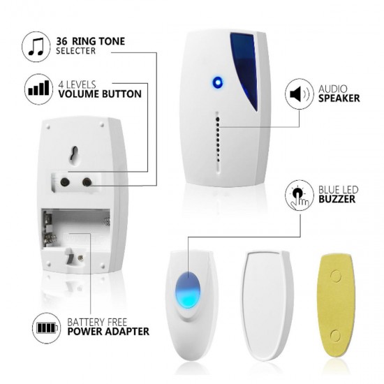 100M 36 Songs Chimes Wireless Music Doorbell Cordless Receiver Control