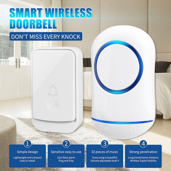 200M Waterproof Wireless Doorbell 32 Songs Plugin ReceiverTransmitter