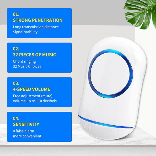 200M Waterproof Wireless Doorbell 32 Songs Plugin ReceiverTransmitter