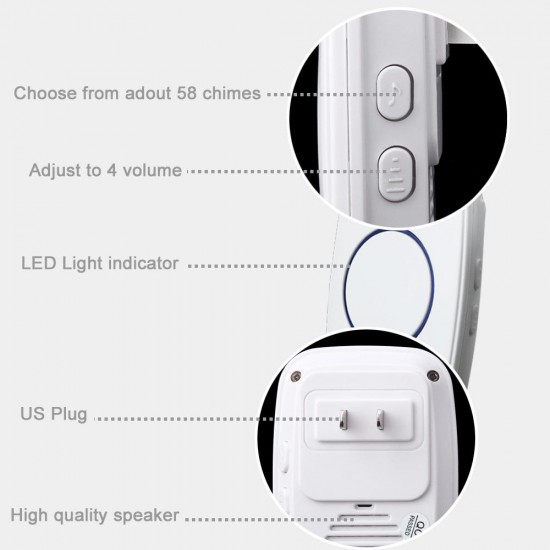 A60 Waterproof Wireless Music Doorbell LED Light Battery 300M Remote Home Cordless Call Bell58 Chime 2 Button 1 Receiver