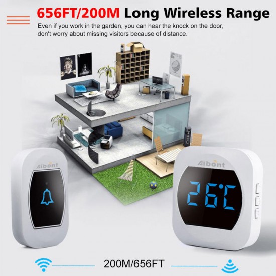 Smart Temperature Wireless Waterproof Doorbell 45 Chimes 200M Long Range Real-time Thermometer