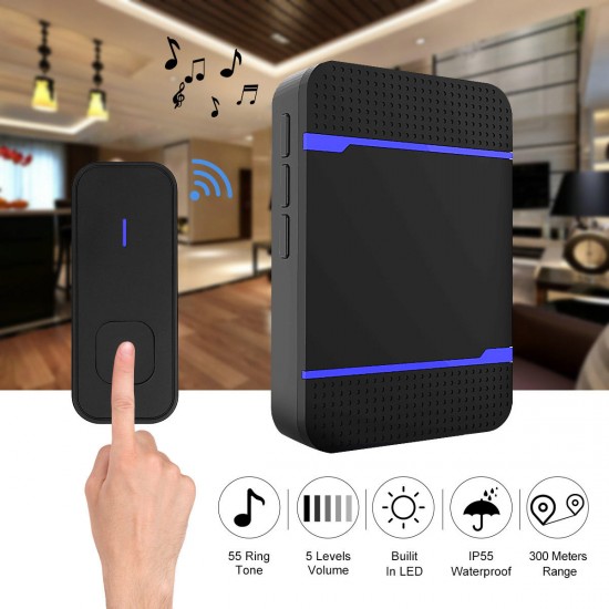 Waterproof LED 55 Songs Chime Wireless Doorbell Receiver & Transmitter Waterproof LED 55 Songs Chime Wireless Doorbell Receiver & Transmitter