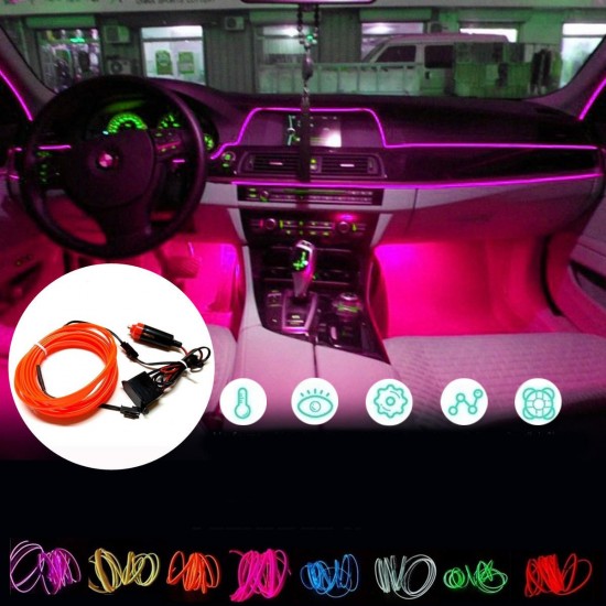 DC12V 5M Flexible Neon EL Wire LED Strip Light Car Interior Decoration Lamp + Driver