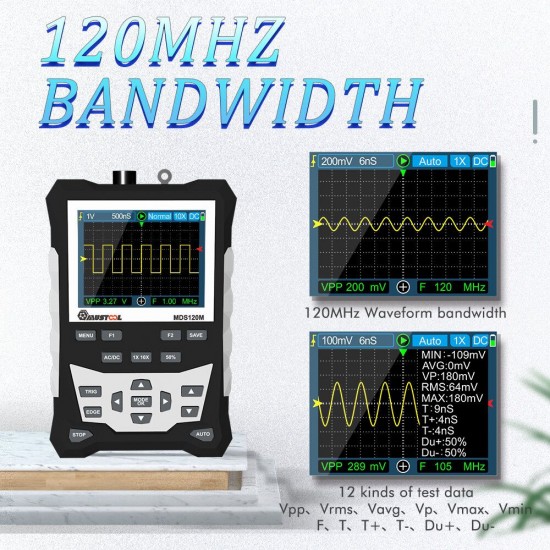 MDS120M Professional Digital Oscilloscope 120MHz Analog Bandwidth 500MS/s Sampling Rate 320x240 LCD Screen Support Waveform Storage with Backlight MDS120M Professional Digital Oscilloscope 120MHz Analog Bandwidth 500MS/s Sampling Rate 320x240 LCD Screen Support Waveform Storage with Backlight