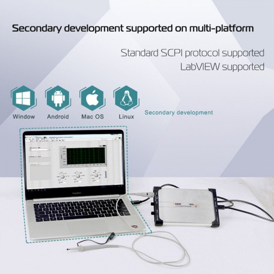 VDS6102 Digital Virtual Oscilloscopes 100MHz 2CH 1Gsa/s 8bits/14bits ADC Type-C USB 5-15V Power Supply PC Oscilloscope