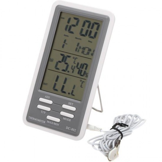 DC-802 LCD Digital Thermometer Hygrometer Temperature Humidity Meter Clock Indoor Outdoor With Wired External Sensor