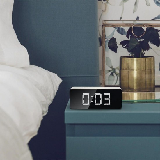 LED Alarm Clock Make-Up Mirror & Night Light Table Clock with Digital Thermometer Travel Desktop Snooze Desk Clock Alarm