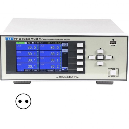 PZ1008P 5 Inch Multi-channel Temperature Recorder 8-Channel Temperature Tester Built-in 8G Memory 3 Display Mode History Query Beeper Alarm