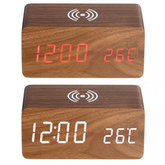 Wooden Digital Electronic Clock Alarm Clock With Wireless Charging Function