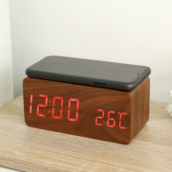 Wooden Digital Electronic Clock Alarm Clock With Wireless Charging Function