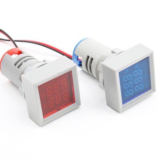 22mm AC 50-500V 0-100A Mini Digital square Voltmeter Ammeter Volt Voltage Tester Meter Dual LED Indicator Pilo t Lamp Light Dual