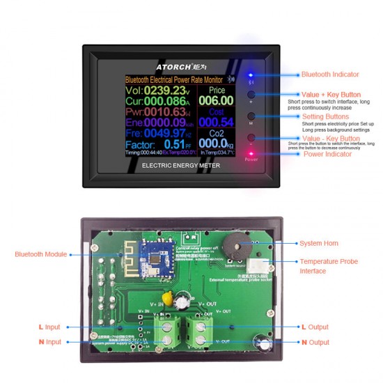 AT24 AC Meter AC30-500V 30A Digital Voltage APP Indicator Power Energy Voltmeter Ammeter Current Amps Volt Wattmeter Tester Detector