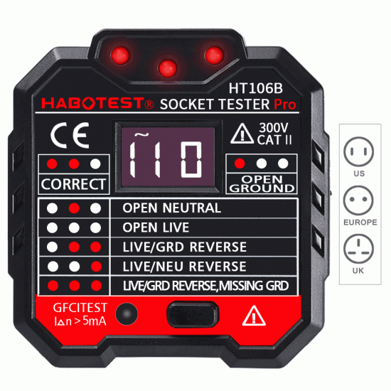 HT106B EU Plug Socket Outlet Tester Circuit Polarity Voltage Detector Wall Plug Breaker Finder RCD Test + Winpeak ET8900 Non-contact Voltage Tester Pen