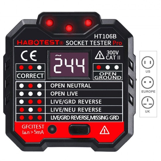 HT106B Socket Outlet Tester Circuit Polarity Voltage Detector Wall Plug Breaker Finder RCD Test