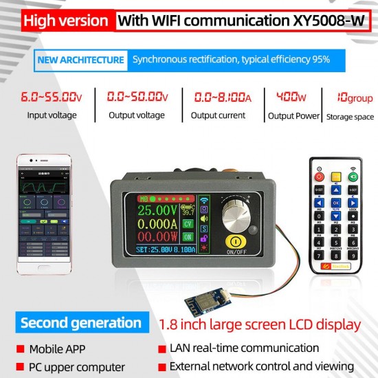 XY5008 1.8inch Screen DC DC Buck Converter CC CV 0-50V 8A 400W Power Module Adjustable Regulated Laboratory Power Supply Variable WIFF APP XY5008 1.8inch Screen DC DC Buck Converter CC CV 0-50V 8A 400W Power Module Adjustable Regulated Laboratory Power Supply Variable WIFF APP